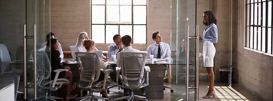 Woman presenting to a full meeting room